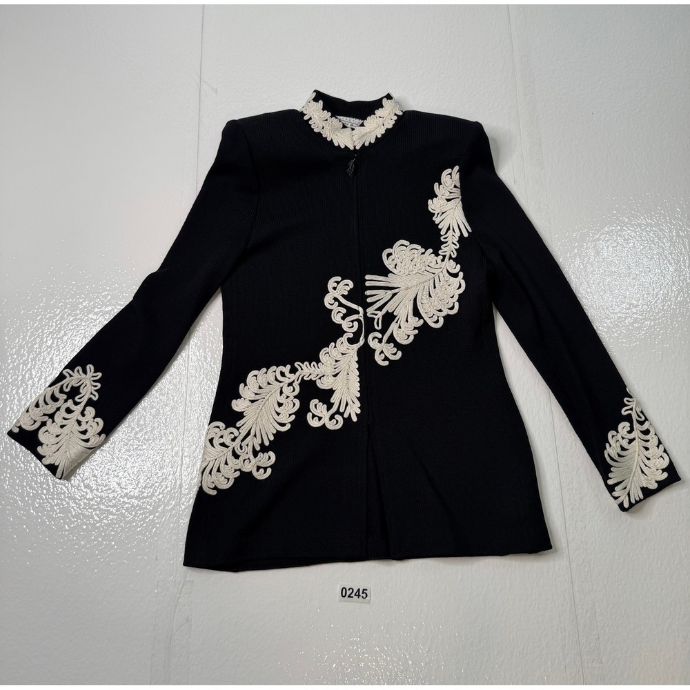 St. John Collection Marie Gray Knit Jacket Black Cream Soutache Embroidery Sz 2